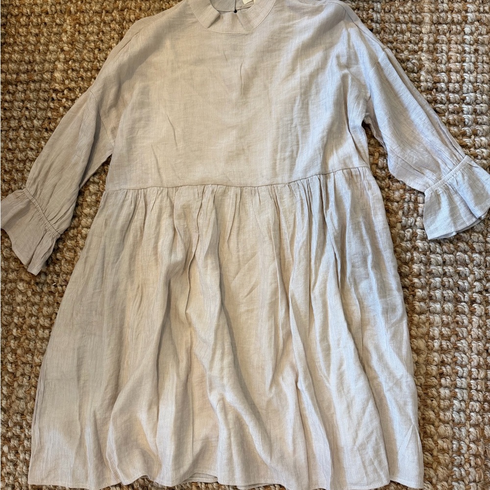 Listicle Cream Linen Gathered Waist Long-Sleeve Dress SZ S NWOT
